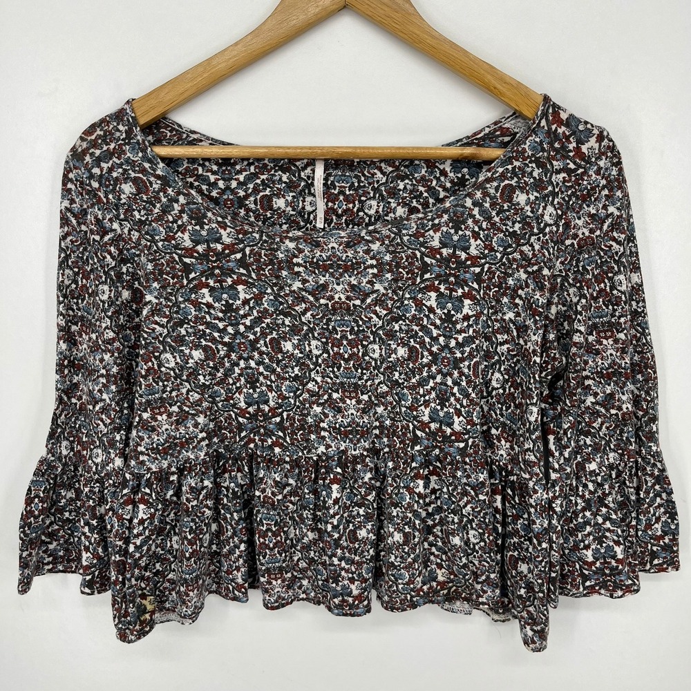 Free People Womens XS Floral Peplum Bell Sleeve Top Red Blue White Boho